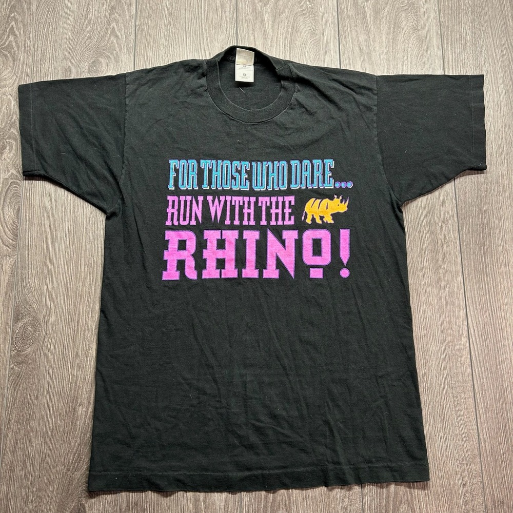 Vintage 1996 Rhino Wear Graphic T-Shirt Mens Large Black Fruit of the Loom 90s